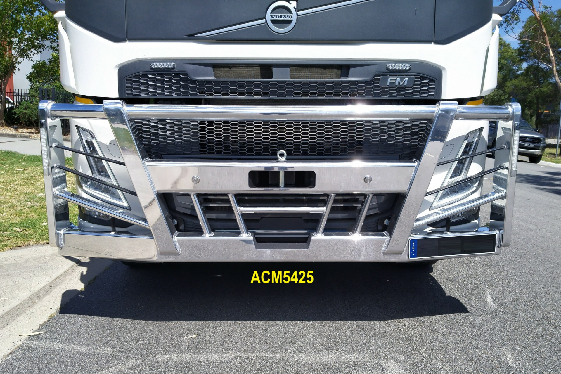 Polished low-profile alloy bull bar fitted to a Volvo FM truck